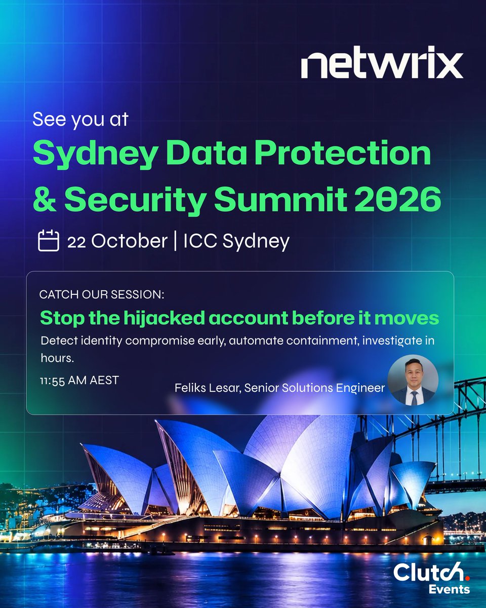 Netwrix's tweet photo. Will you be in Sydney on October 22?

Netwrix is heading to the Sydney Data Protection & Security Summit 2026 at ICC Sydney. Join us for a day of expert insights on data protection, privacy, and the cybersecurity landscape.
Catch our session: Stop the hijacked account before it moves: Detect identity compromise early, automate containment, investigate in hours at 11:55 AM

We look forward to meeting security professionals and IT leaders in Sydney.

Register here: https://t.co/tZXp1ifx9G

#Netwrix #Cybersecurity #DataProtection #IdentitySecurity #Sydney