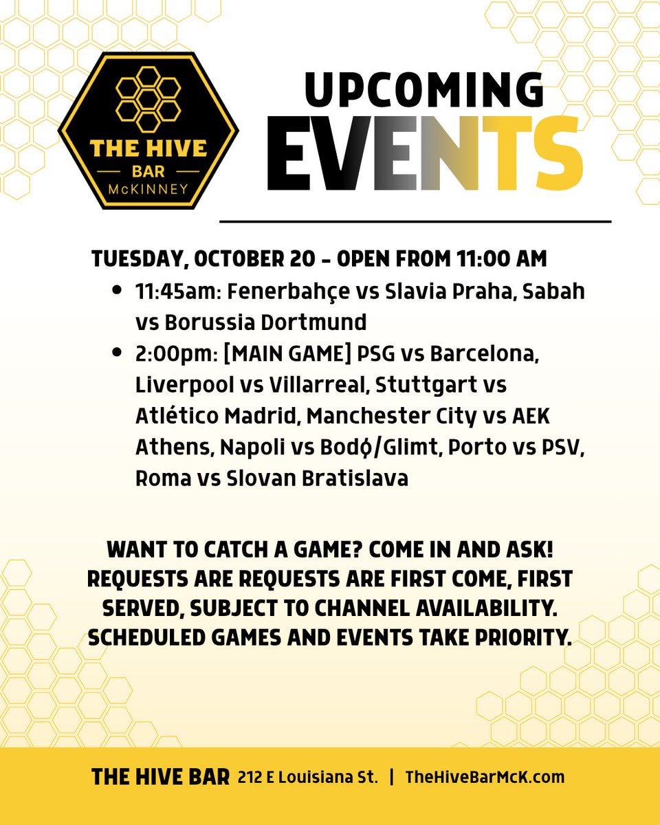 thehivebarmck's tweet photo. Tuesday at The Hive! 🍻

We’re open from 11 AM for a packed afternoon of European soccer, with PSG vs. FC Barcelona, Liverpool vs. Villarreal, Manchester City vs. AEK Athens, and more!

📍212 E Louisiana St, McKinney https://t.co/WAnUS3wn3Y