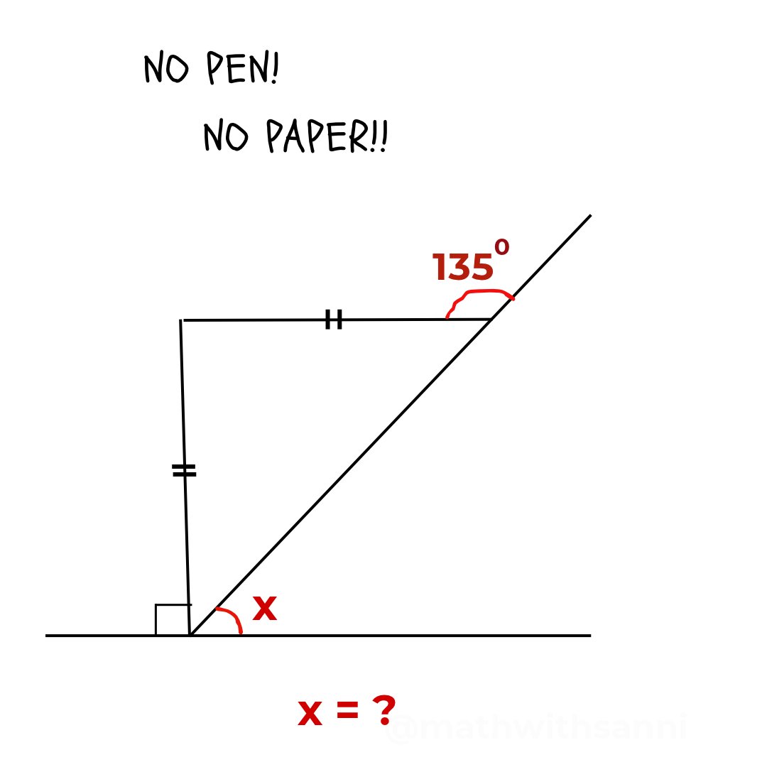 mathwithsanni's tweet photo. 🧠Only geniuses Solve This in 10 Seconds!

Find angle x?

#MathChallenge https://t.co/xJOFmH0MBm