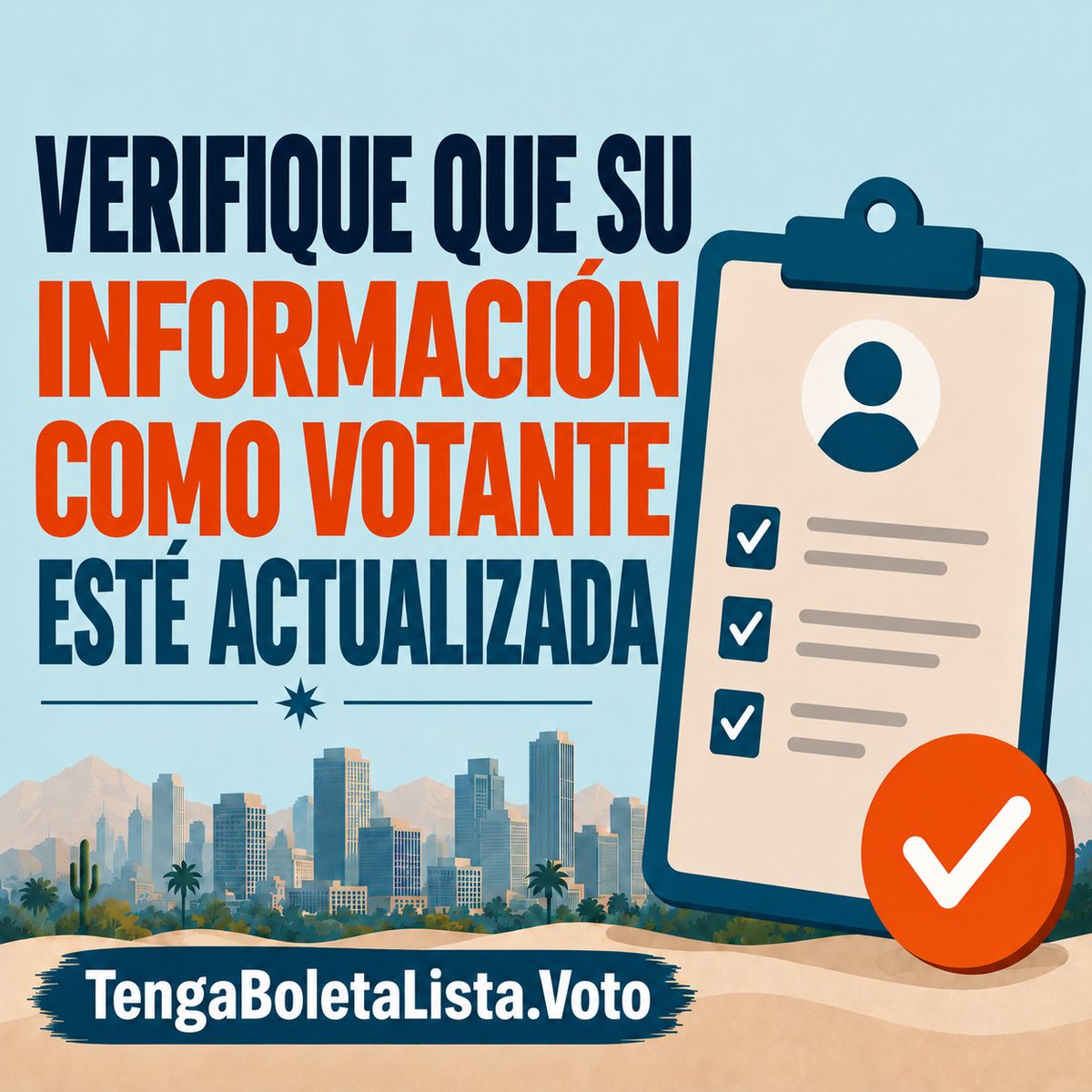 RecordersOffice's tweet photo. Se acercan las elecciones generales del 3 de noviembre. ¿Está preparado para votar?
¡Verificarlo es fácil! ✅

Visite: https://t.co/7xIc7gMTP4 para:
🏠 Verificar que su dirección esté actualizada
📱 Suscribirse a las alertas de texto para rastrear su boleta
🗳️ Encontrar su centro de votación más cercano, incluyendo fechas de apertura y horarios de servicio
📮 Localizar los buzones electorales seguros
📅 Consultar fechas importantes de la elección general
��️ ¡Encontrar información electoral adicional!

Si se ha registrado como votante anticipado activo y aún no ha recibido su boleta anticipada distribuida por el Servicio Postal (USPS):

-Puede llamar al 602-506-1511 para solicitar una boleta anticipada por correo. Tendremos asistencia disponible de lunes a viernes, de 8:00 a.m. a 5:00 p.m.
-También puede solicitar una boleta anticipada en línea visitando: https://t.co/3SzdvQQQVU
-Además, puede votar en persona visitando un centro de votación. Para encontrar un centro cercano, visite: https://t.co/I6fk39cUpC
La fecha límite para solicitar una boleta anticipada por correo es este viernes, 23 de octubre de 2026 antes de las 5 p.m.

Manténgase informado. Esté preparado.
https://t.co/7xIc7gMTP4
