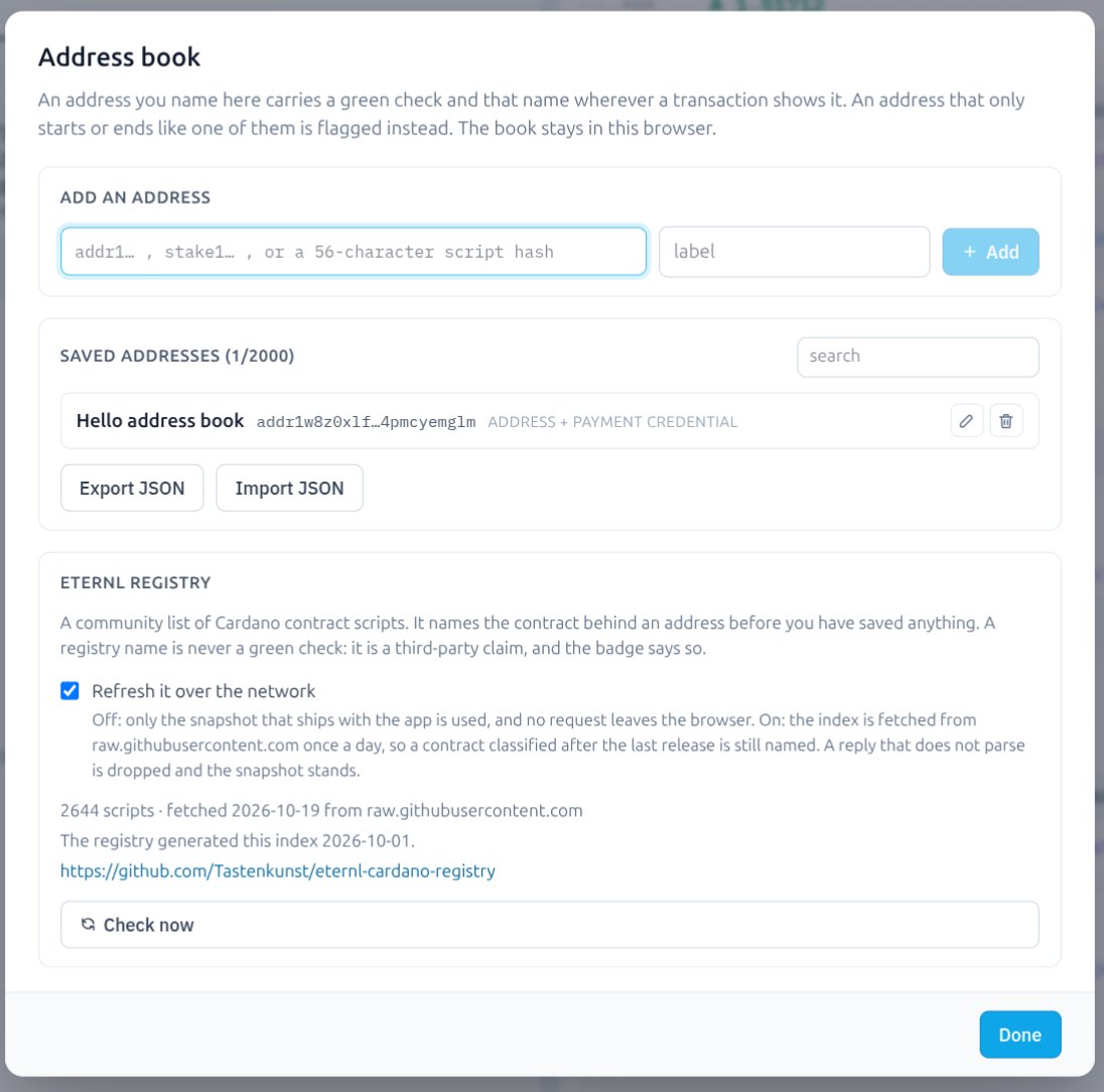 lisicky_tech's tweet photo. New update in CQuisitor:
- Address book and Eternl address registry. CQuisitor now shows an address’s name if it exists in the app’s address book or in the Eternl address registry.
- Optional automatic transaction validation. For when you’re too lazy to press the “Validate” button.
- New URL format. If a transaction is already on-chain, you can open https://t.co/lPYlmkPdqi{tx_hash} and CQuisitor will fetch the transaction CBOR from your API provider. Note that this requires an API key to be set in the app.
Huge thanks to @Quantumplation for contributing!
