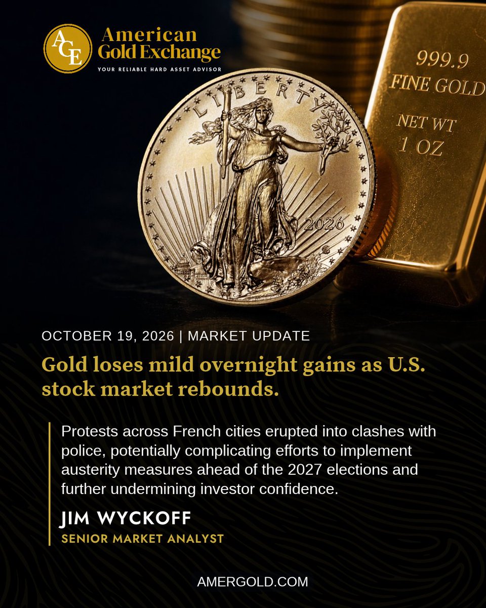 DanaSamuelson99's tweet photo. Metals Recap — October 19

◆ Dec gold -$17.20 → $4,163.50 (off AM high of $4,190.10)
◆ Dec silver → $57.265 (near flat)
◆ Tech stocks rebound — safe-haven bid fades midday
◆ French protests erupt into street clashes — euro near multi-month low
◆ Zelenskyy: Trump pressuring Ukraine to concede to Russia
◆ China Q3 GDP beats at 4.5%
◆ October Fed hike odds: just 15% — FOMC next week
Wyckoff Rating: Gold 2.5 · Silver 1.5

Full daily report → https://t.co/SCKqhsmPDA

Not investment advice. #Gold #Silver #PreciousMetals #investing #Fed #FOMC #inflation #Europe #bonds