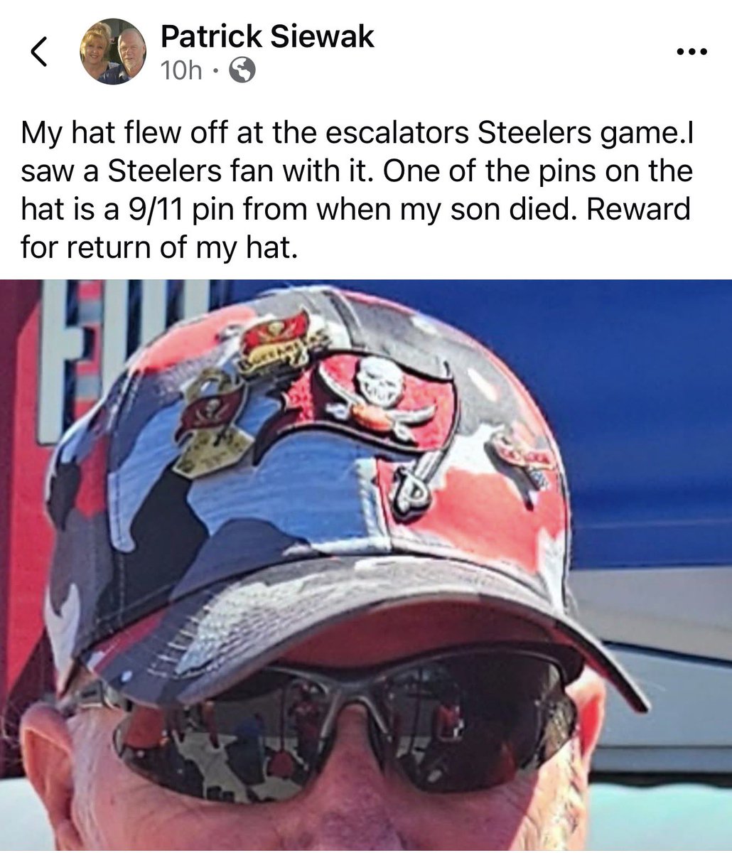 Uncle_JimmyD's tweet photo. 🚨Steelers fam that was in Tampa- please see this post.  

If you know anything or who may have it, please let me know and I’ll work w Mr Siewak to get the hat and pins back to him.  🖤💛❤️✌🏻

Thanks, UJ 

*Retweet please* 

@steelers @DKPghSports @steelernation @Buccaneers