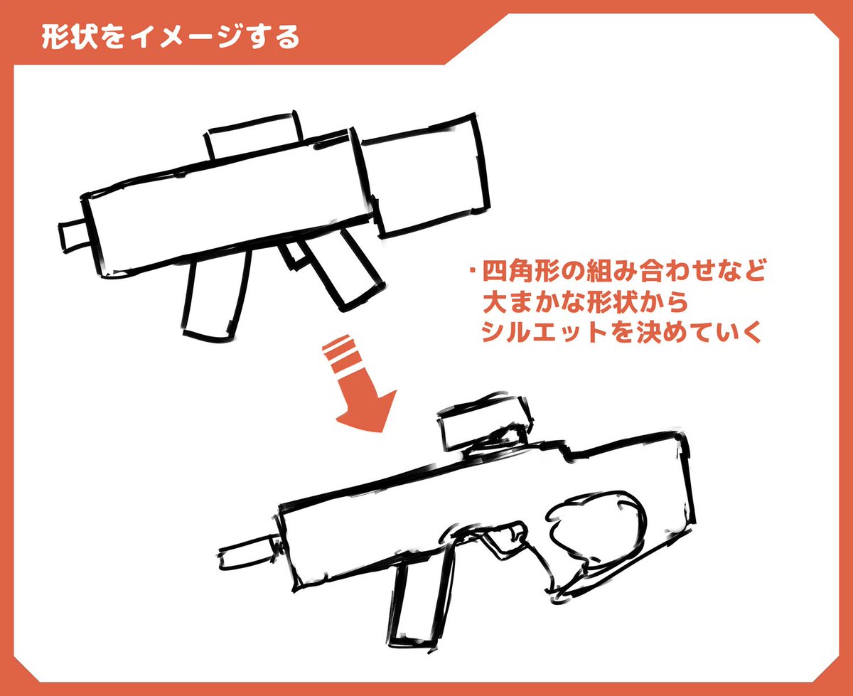 Gia_029_nft's tweet photo. シンプルな箱をメカっぽい質感にする描き方を習得すると、銃や剣などの武器も描きやすくなります。
これ図解は銃を四角から整形して、近未来的なライフル銃にしていく方法の一部。
noteでは0から作る過程と作例のレイヤー分けpsdデータを配布しているよ！
気になる方は➡ https://t.co/hiIRgig5aa