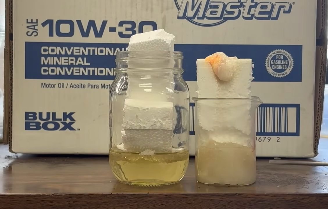 OfAthenry's tweet photo. If you put Styrofoam in gasoline, the Styrofoam dissolves. 

I have no idea what you can do with that sticky, gel-like substance, but there's probably a use for it. https://t.co/kEWurGetOp
