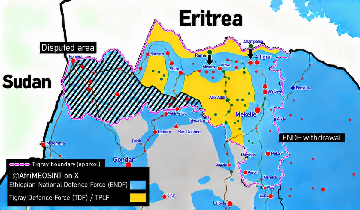 AfriMEOSINT's tweet photo. The situation in Tigray region is shifting rapidly after a TDF counteroffensive forced ENDF troops 🇪🇹 to retreat from the Eritrean border 🇪🇷, pulling out of Zalambessa and Rama to regroup in major towns. The TDF reportedly captured Abiy Addi and surrounding areas late last week. https://t.co/ec958pUG2v