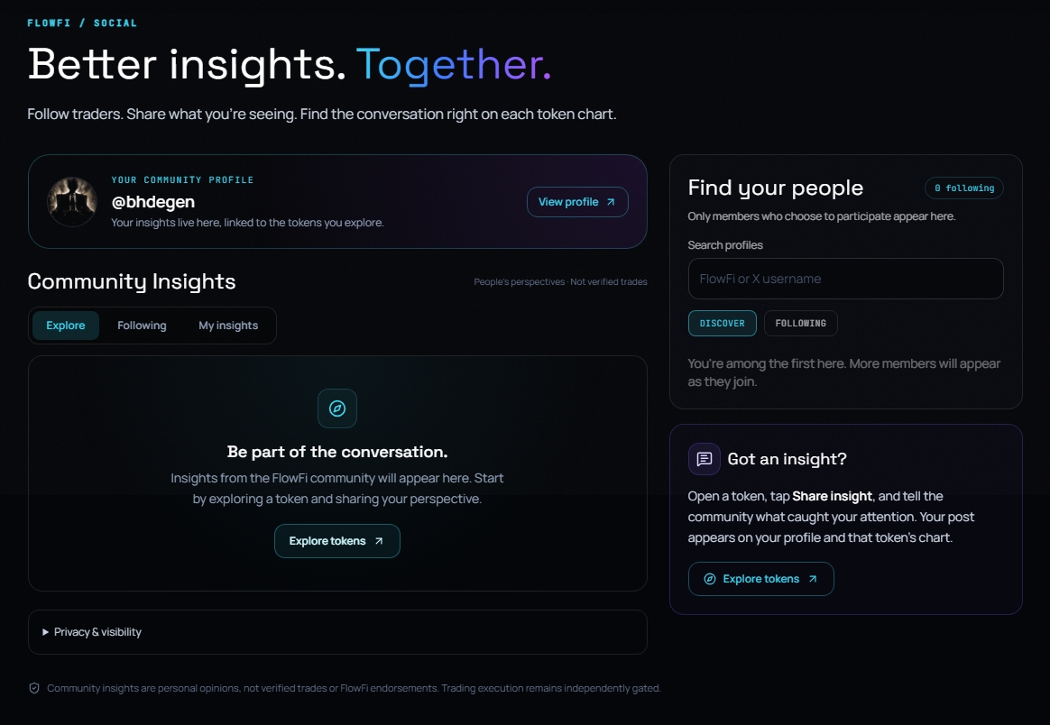 FlowfiEngine's tweet photo. 🚨 INTRODUCING FLOWFI SOCIAL 🌐

Crypto is driven by attention. But intelligence doesn't have to be isolated.

We're bringing traders and research together, directly inside FlowFi.

Follow other traders.
Share directly from a token.
See community research on token charts.
Like valuable insights.
Get notified when someone you follow shares a new thesis.

Your research. Your community. Your edge.

Noise → Clarity → Action.
🔗 https://t.co/SV9lIHxLQG

#Solana #FlowFi