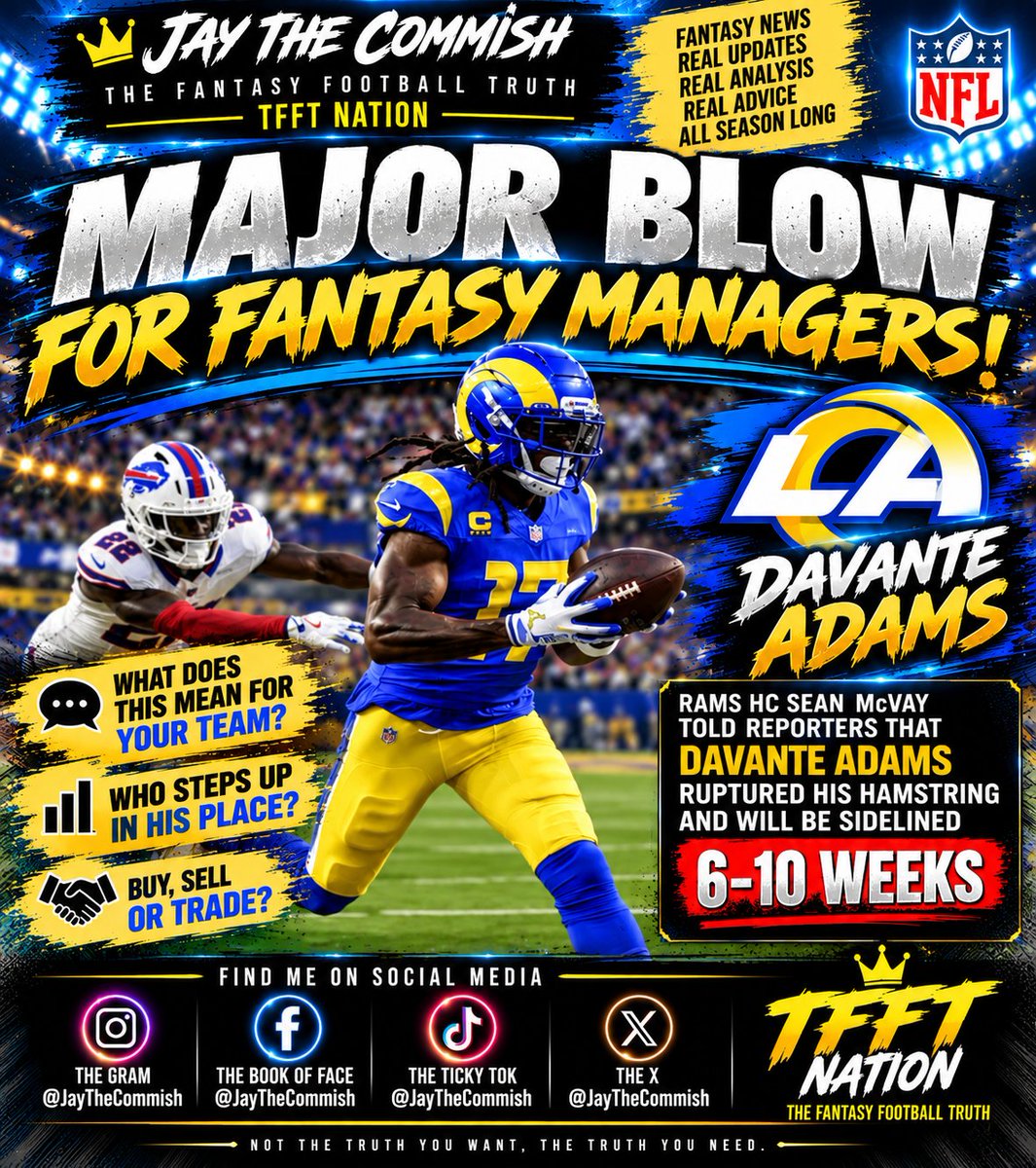 jaythecommish's tweet photo. MAJOR BLOW FOR FANTASY MANAGERS! DAVANTE ADAMS IS SIDELINED — NOW WHAT?

Fantasy managers just got hit with some tough news.
#DavanteAdams #LosAngelesRams #FantasyFootball #NFLNews #FantasyFootballAdvice #JayTheCommish #TFFTNation https://t.co/9sKsgbdPjL
