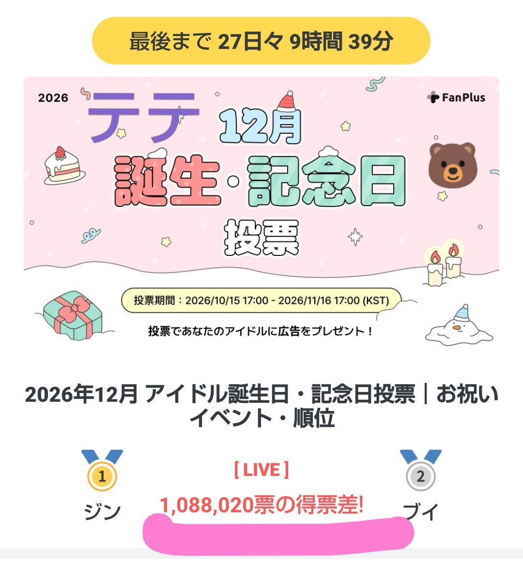 himichan_thv's tweet photo. 【FanPLUS】
12月誕生日投票🎂

テテペンさーん誕生日投票始まってるよ！
テテ2位だよ💦
たくさんの愛を貰ってる私達が1年に１回の誕生日に広告を贈れなくてどうするの？
今すぐ参加して下さい

アプリなしでWebから500票
さらにアプリから500票
合計1000票もらえます🙋🏻‍♀️
⬇️
🔗https://t.co/DVQuxd6B6t https://t.co/Stnzm6e1Nd