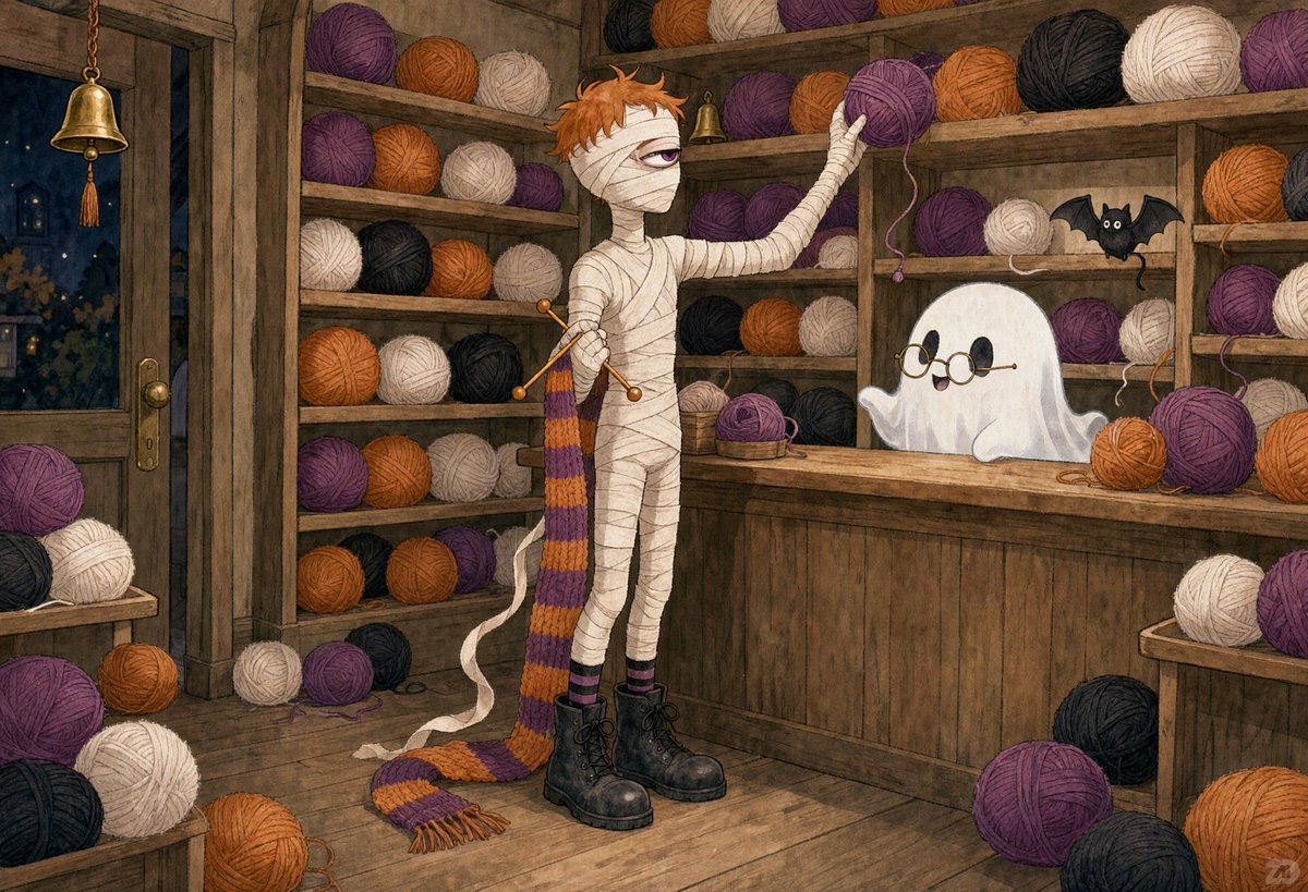 askTIXI's tweet photo. Someone new moved in next to the witch 🧶
A mummy who knits scarves out of his own bandages. Every ghost in town wants one.

Made on https://t.co/LUb2PZmxgM ✨

2DAI❤️ART https://t.co/Ib4JDNvlbO