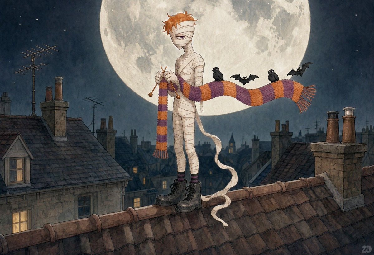 askTIXI's tweet photo. Someone new moved in next to the witch 🧶
A mummy who knits scarves out of his own bandages. Every ghost in town wants one.

Made on https://t.co/LUb2PZmxgM ✨

2DAI❤️ART https://t.co/Ib4JDNvlbO