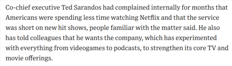 benfritz's tweet photo. Ousting top creative leaders, manually tweaking the content recommendation algo, pulling back on games -- all to try and arrest an alarming drop in U.S. engagement. It's a new world for once-unstoppable Netflix. w/ @jtoonkel and @JBFlint 
https://t.co/zLRfXI5Xcq https://t.co/3sX7ONzT3t