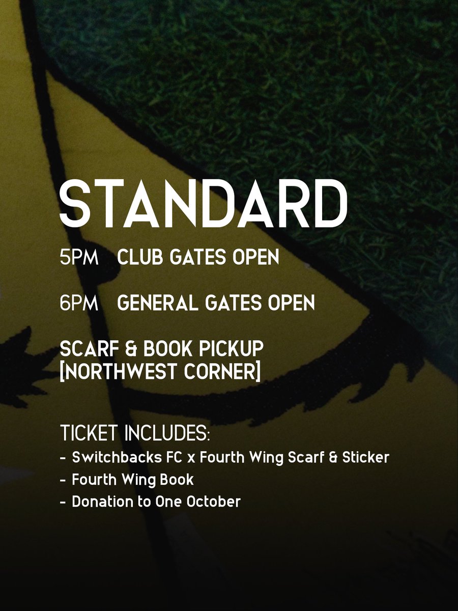 SwitchbacksFC's tweet photo. Attention, riders 🐉 

Here’s everything you need to know about this weekend’s specialty Fourth Wing packages for our match against FC Tulsa.

VIP packages are officially SOLD OUT, and standard packages are extremely limited. Secure yours now before they’re gone. https://t.co/pdH5TEPQYh