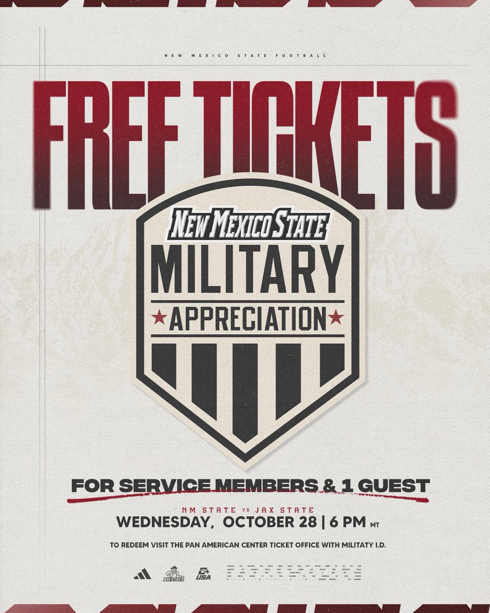 NMStateFootball's tweet photo. Service Members, youβre invited!π«΅
Bring your military ID to the Pan Am Ticket Office and get up to 2οΈβ£ free tickets to our next home game!
#AggieUp x #RideForTheBrand https://t.co/ScVjTVLptY