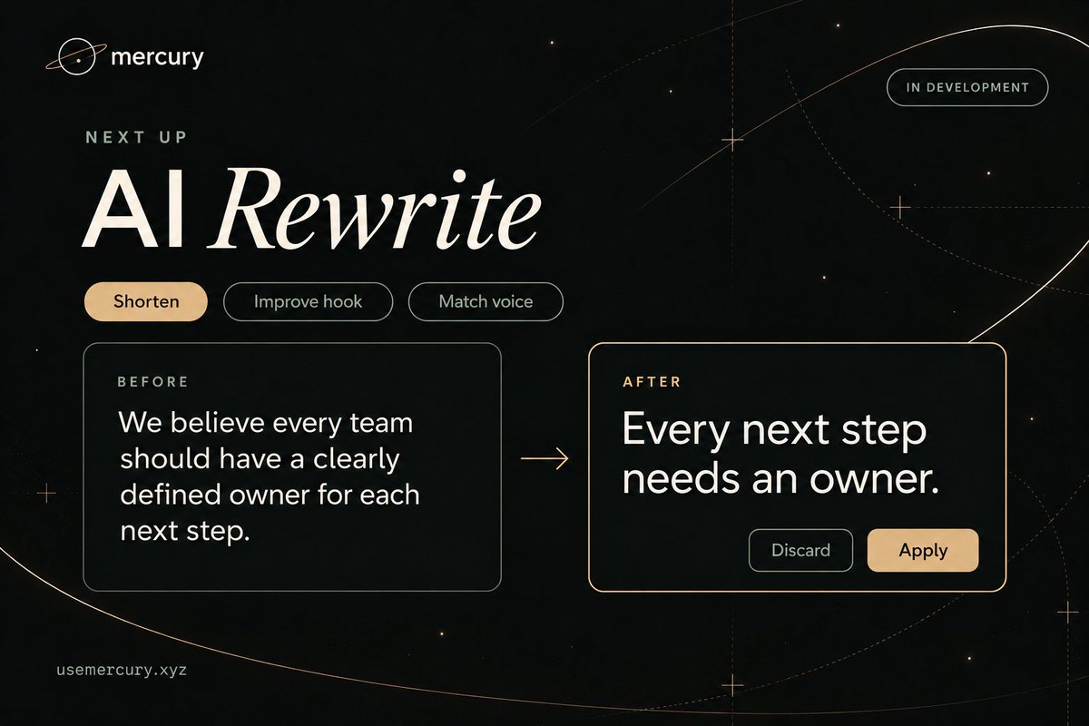 mercuryorb's tweet photo. Next up for Mercury: AI Rewrite. 🪐 
Shorten a draft, sharpen the hook, or match your client’s voice, one post or slide at a time. Compare the changes, then apply or discard. Currently in development. 🔧