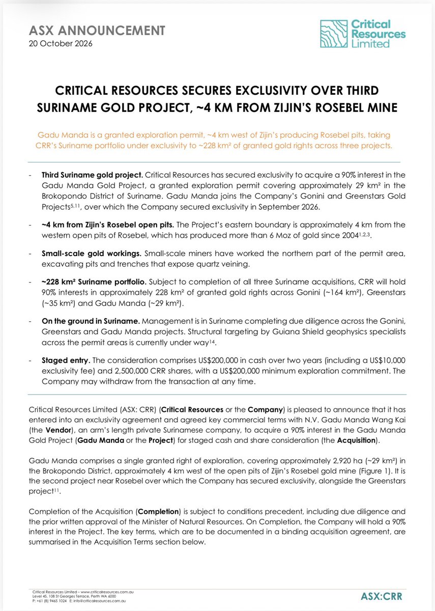 Stocksurfer_asx's tweet photo. $CRR 🔥🔥🔥
#Critical_Resources secures exclusivity to acquire 90% of the Gadu Manda #gold project in Suriname 4 km from Zijin’s Rosebel mine (6 Moz+ produced).
Portfolio under exclusivity expands to 228 km² across three projects. https://t.co/hyC6Ay1brz