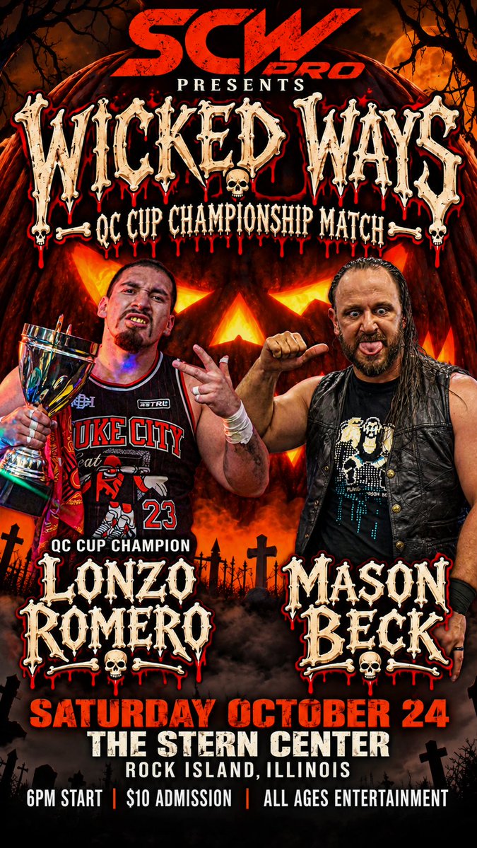SCWPro's tweet photo. 🚨 BREAKING NEWS 🚨

This Saturday at The Stern Center in downtown Rock Island, IL...

@LonzoTheChicano

vs

@masonbeck

For the QC Cup!

🎃 6pm start
🎃 Tickets just $10

Will Lonzo still be riding with the gold after WICKED WAYS? #WWERaw https://t.co/gGDYjWUXp7