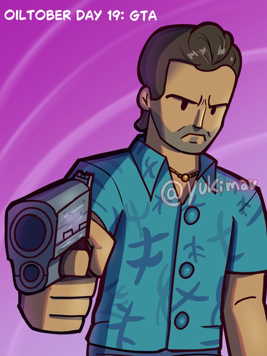YukiMav_Draws's tweet photo. Oiltober día 19. Aunque he jugado muy pocos GTAs, Vice city era uno al que siempre le daba una vuelta en los cafe internets que había en mi ciudad en mi infancia, aunque siempre jugaba el inicio xd https://t.co/2h2ZYHNBdv
