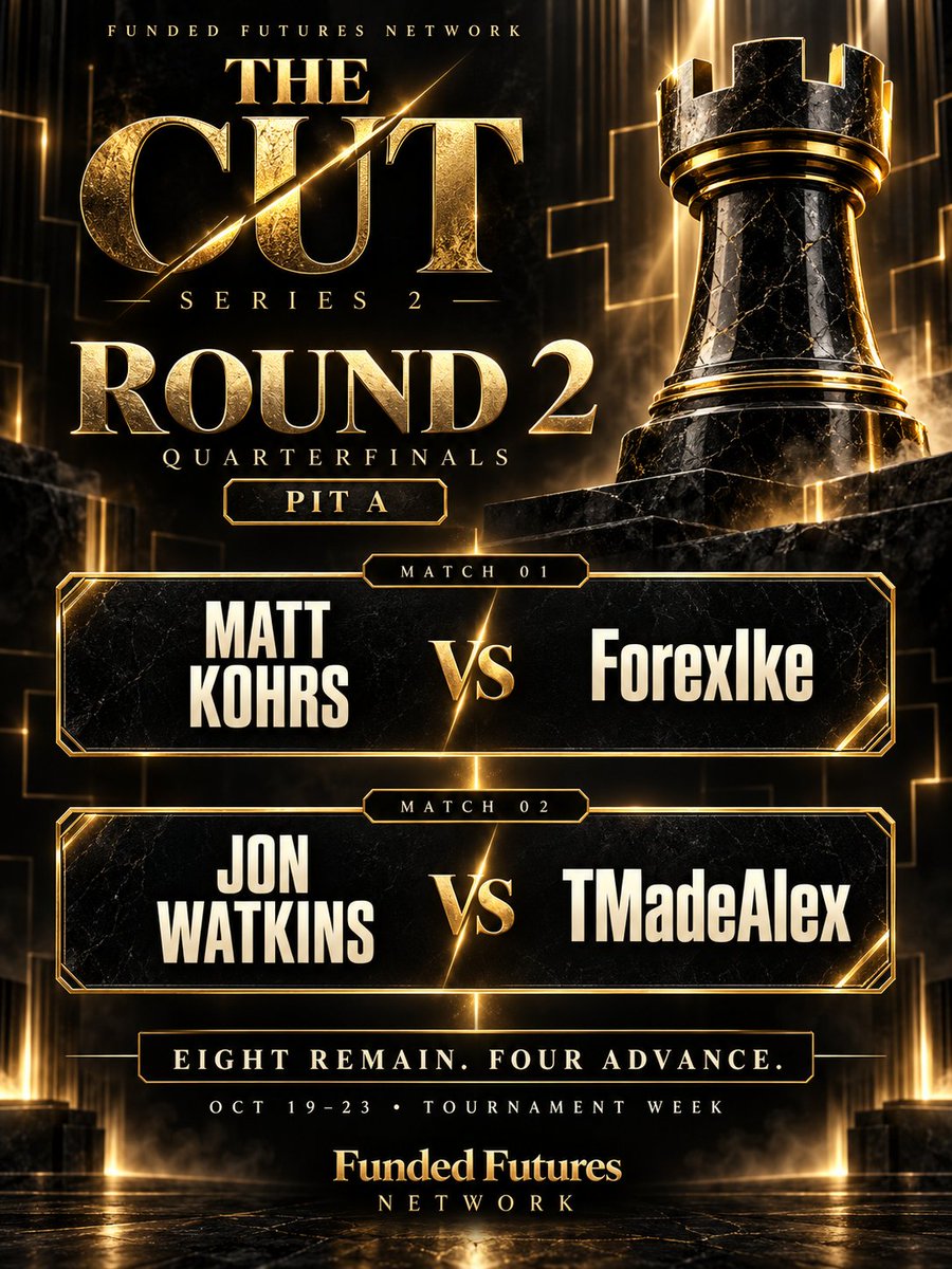 FFNFunding's tweet photo. Eight remain. Four advance. ✂️

Win this round and you're in the money.

Quarterfinals, Pit A:
01 @matt_kohrs vs @ForexIke
02 @JWatkinsTrades vs @TMadeAlex

Who's moving on? 👇 https://t.co/A8lOm2Ya8X
