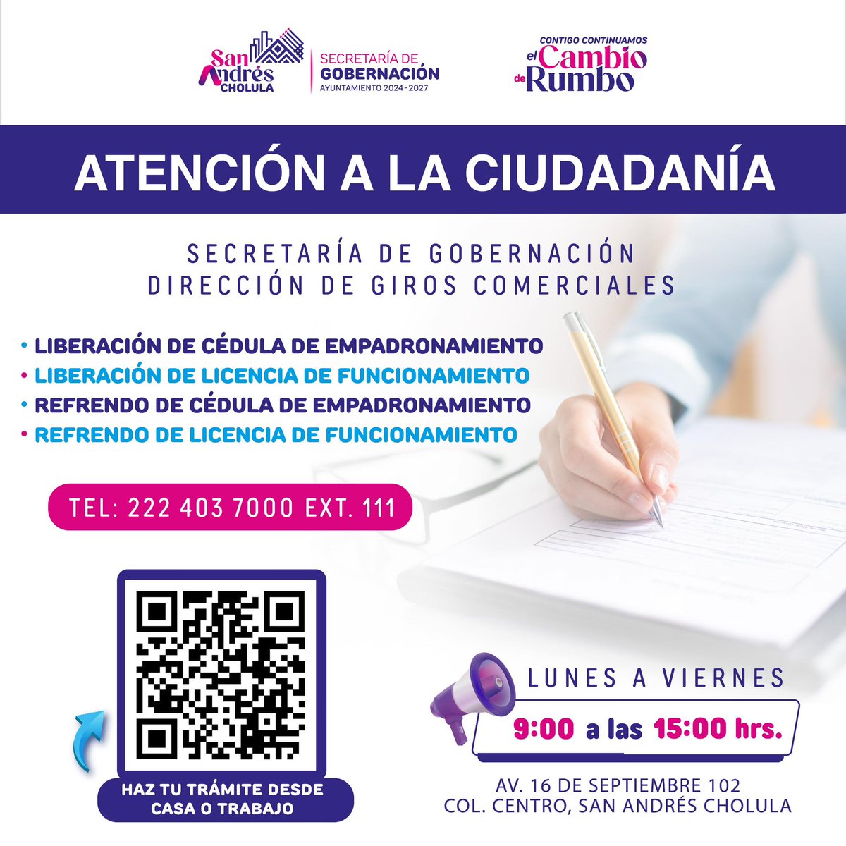 SnAndresOficial's tweet photo. 📝📢 ¡Vecinas y vecinos de #SanAndrésCholula, en el #GobiernoDeResultados estamos para servirte!

Si requieres orientación sobre alguno de los siguientes trámites, acércate a la Secretaría de Gobernación, a través de la Dirección de Giros Comerciales.

☎️ 222 403 7000 ext. 111. https://t.co/4gX5UQp2Ea
