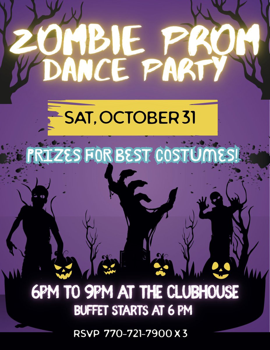 LakeArrowheadGA's tweet photo. ๐งโโ๏ธ๐บ Get ready to rise from the dead at Lake Arrowheadโs Zombie Prom Dance Party! ๐
๐
Saturday, October 31 | 6โ9 PM
๐ Clubhouse
๐ฝ๏ธ Buffet starts at 6 PM
๐ Prizes for best costumes!
๐ RSVP: 770-721-7900 x3
#LakeArrowheadGA #ZombieProm #HalloweenFun https://t.co/Tr5R8VERPb