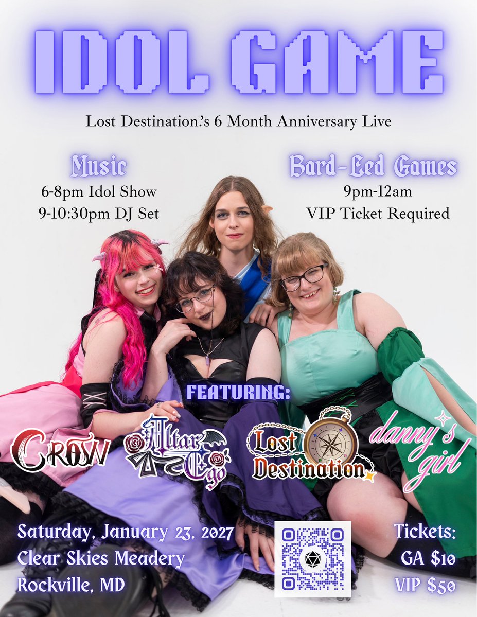 lostdest_info's tweet photo. 🧭‼️ Savepoint Unlocked! 

Let's celebrate our 6 month anniversary with music and games! Join us for IDOL GAME at Clear Skies Meadery on Saturday, January 23 for live music, and DJ-backed party game/TTRPG sessions hosted by your favorite #FOURBARDS ! https://t.co/NkHZOPG9dL