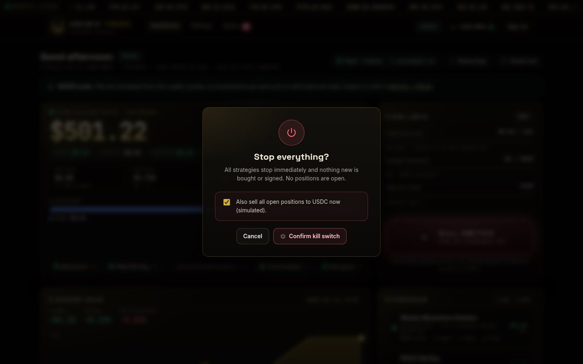 AnubisTrack's tweet photo. 𓂀 You set the rules. Anubis follows them.

Pick a total budget, a max per trade and a daily loss stop. They're checked before every trade, and no strategy can override them.

One tap on the kill switch stops everything.

https://t.co/v2cLUQSbww, launching soon
#AnubisTrade https://t.co/wwSaqA7cez