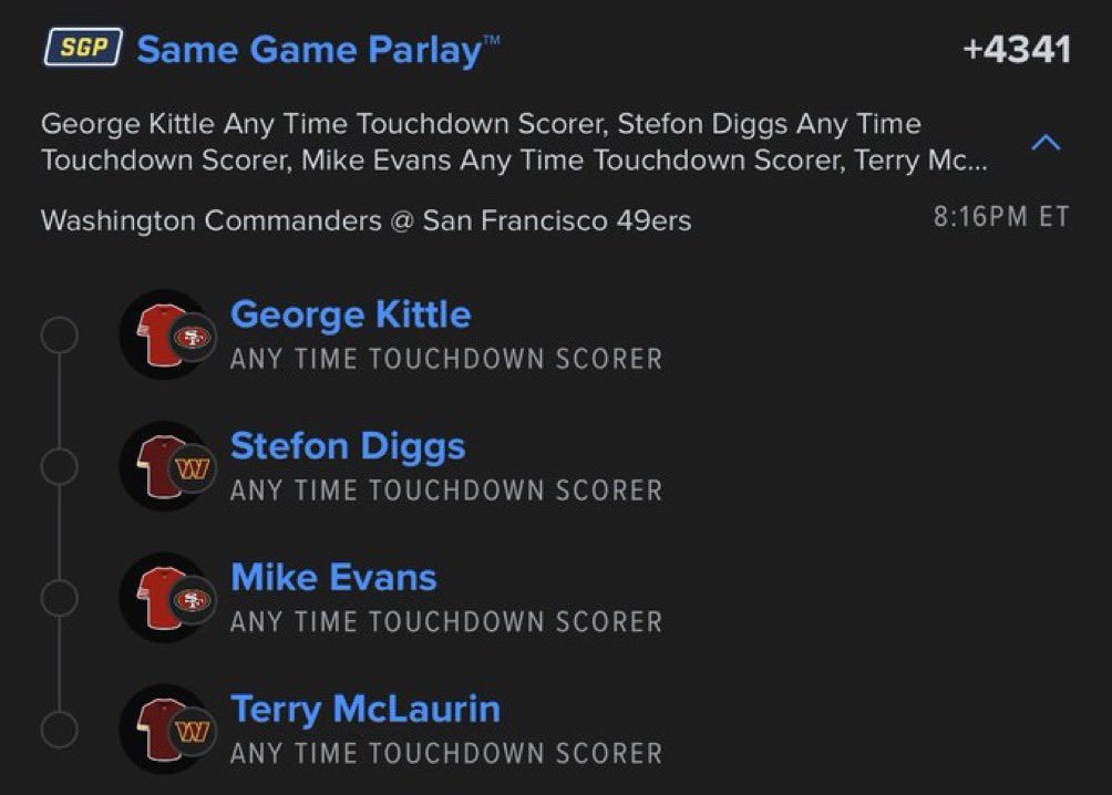 winners_win01's tweet photo. ππ₯ Commanders vs. 49ers β TD parlay π₯
π― George Kittle anytime TD
π― Stefon Diggs anytime TD
π― Mike Evans anytime TD
π― Terry McLaurin anytime TD
π° Odds: +4341 π
Four TD picks. One big swing! πΈπ₯
Whoβs tailing this lotto? π
#NFLPicks #SameGameParlay #TouchdownScorers #SportsBetting #ParlayPicks