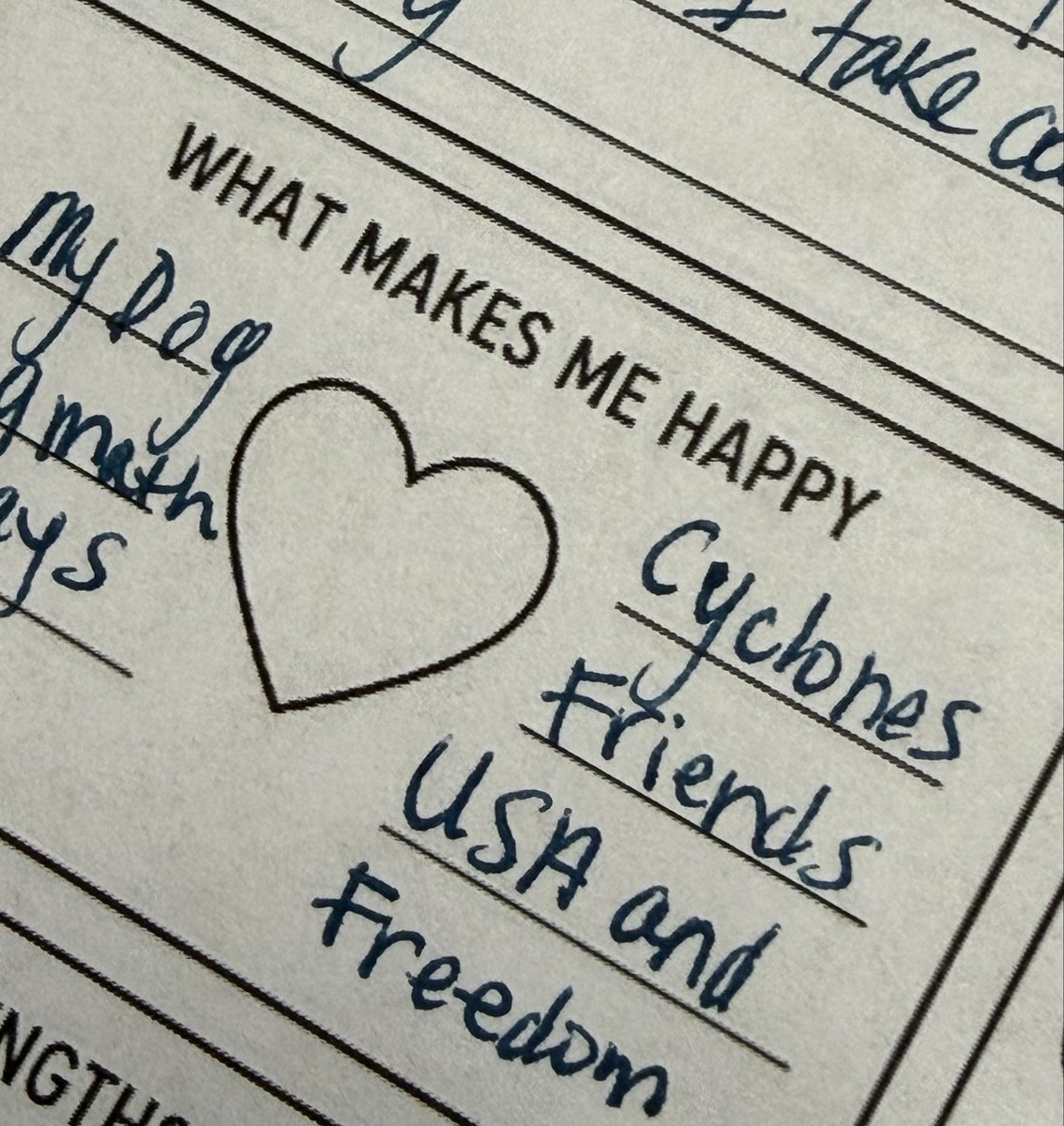 ChrisMWilliams's tweet photo. Per an interview with her teacher, what makes my 7 year old happy? Her dog. The Cyclones. And the United States of America.  🦮🌪️🇺🇸 https://t.co/qUvCv28Buq