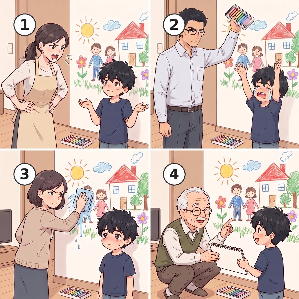 mannaka_chonan's tweet photo. 壁にクレヨンで落書きをした男の子。
①〜④の大人、あなたの家ならどれになる？

① 腰に手を当てて怒鳴る母
② 無言でクレヨンを取り上げる父
③ 雑巾で絵を消しながら、にらむ母
④ 「上手だね」とスケッチブックを渡す祖父

#もしもシリーズ #真ん中長男 https://t.co/u0QXs6gqVf