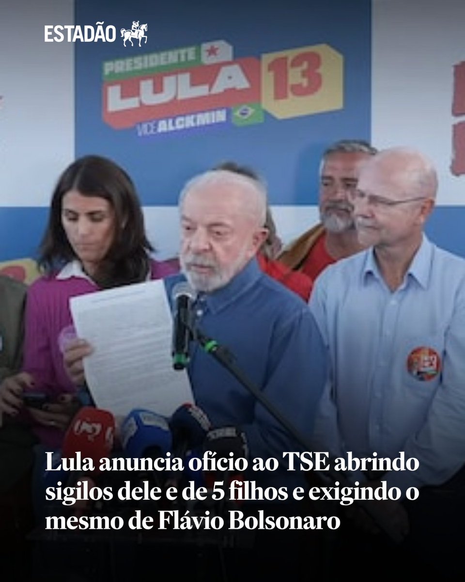 Estadao's tweet photo. Lula anuncia ofício ao TSE abrindo sigilos dele e de 5 filhos e exigindo o mesmo de Flávio Bolsonaro | Presidente afirmou que documento será enviado ao presidente do TSE, Kássio Nunes Marques, nesta terça-feira https://t.co/Q9v5HW4Nnq https://t.co/9DNG4UuFPC