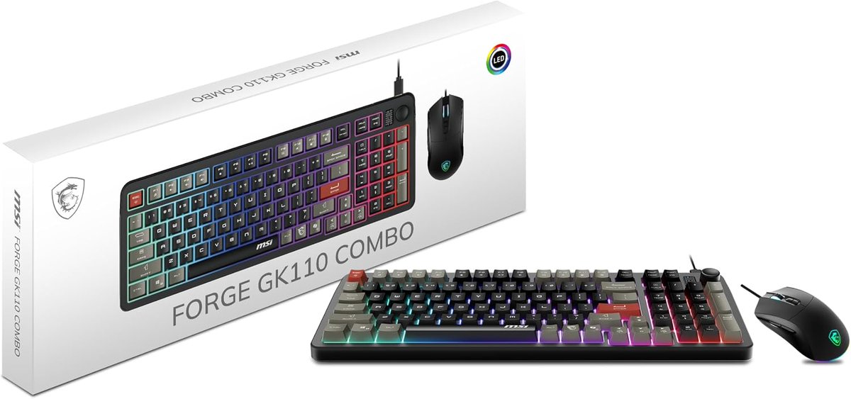 DailyDealDropUS's tweet photo. Anyone still gaming on a bargain-bin keyboard? MSI's Forge GK110 combo, an RGB keyboard plus a 12,800 DPI mouse, is down to $24.99 from $44.99. That's 44% off for the pair, and it's shipped and sold by Amazon. #ad #AmazonAffiliate
https://t.co/TG0e0muxQj https://t.co/5NoyGGeC69