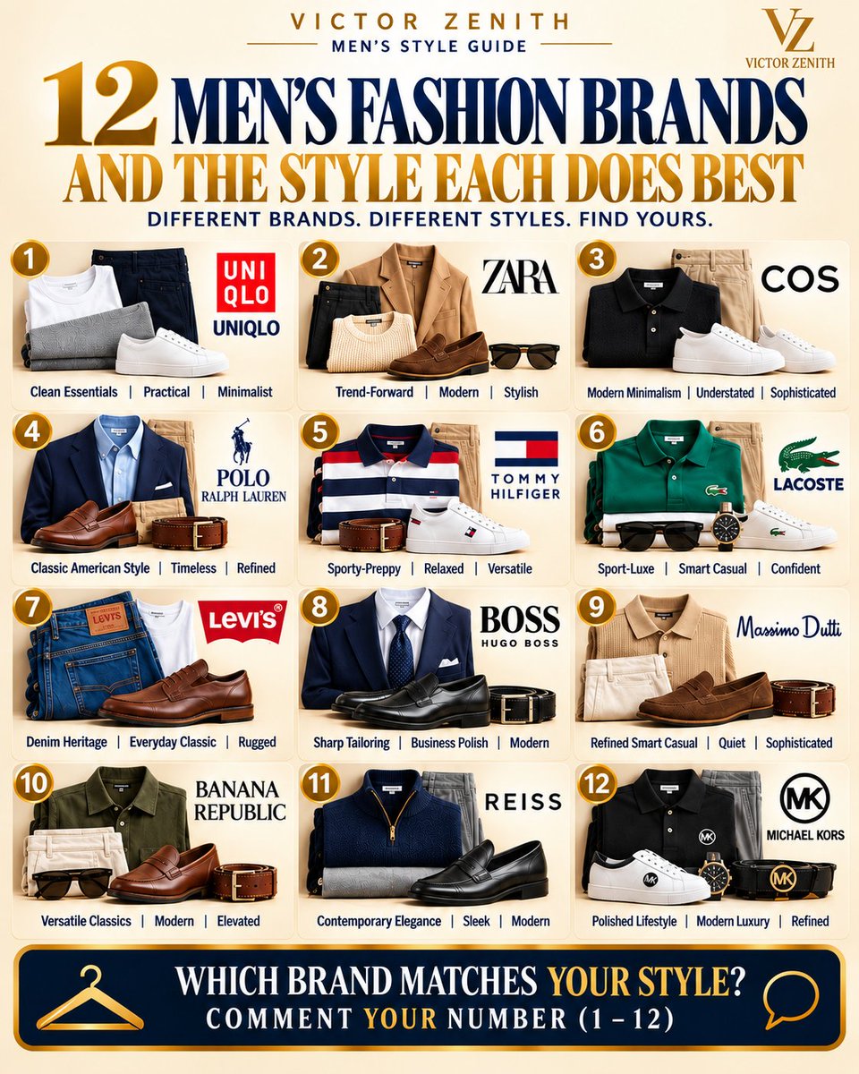 Victor_Zenith1's tweet photo. Not every man dresses the same — and that's what makes personal style interesting. 👔✨

🔥 Which brand matches your personal style? Comment your number from 1–12, and tell us WHY!

#VictorZenith #MensFashion #MensStyle #StyleGuide #QuietLuxury https://t.co/fSJl2wSAuK