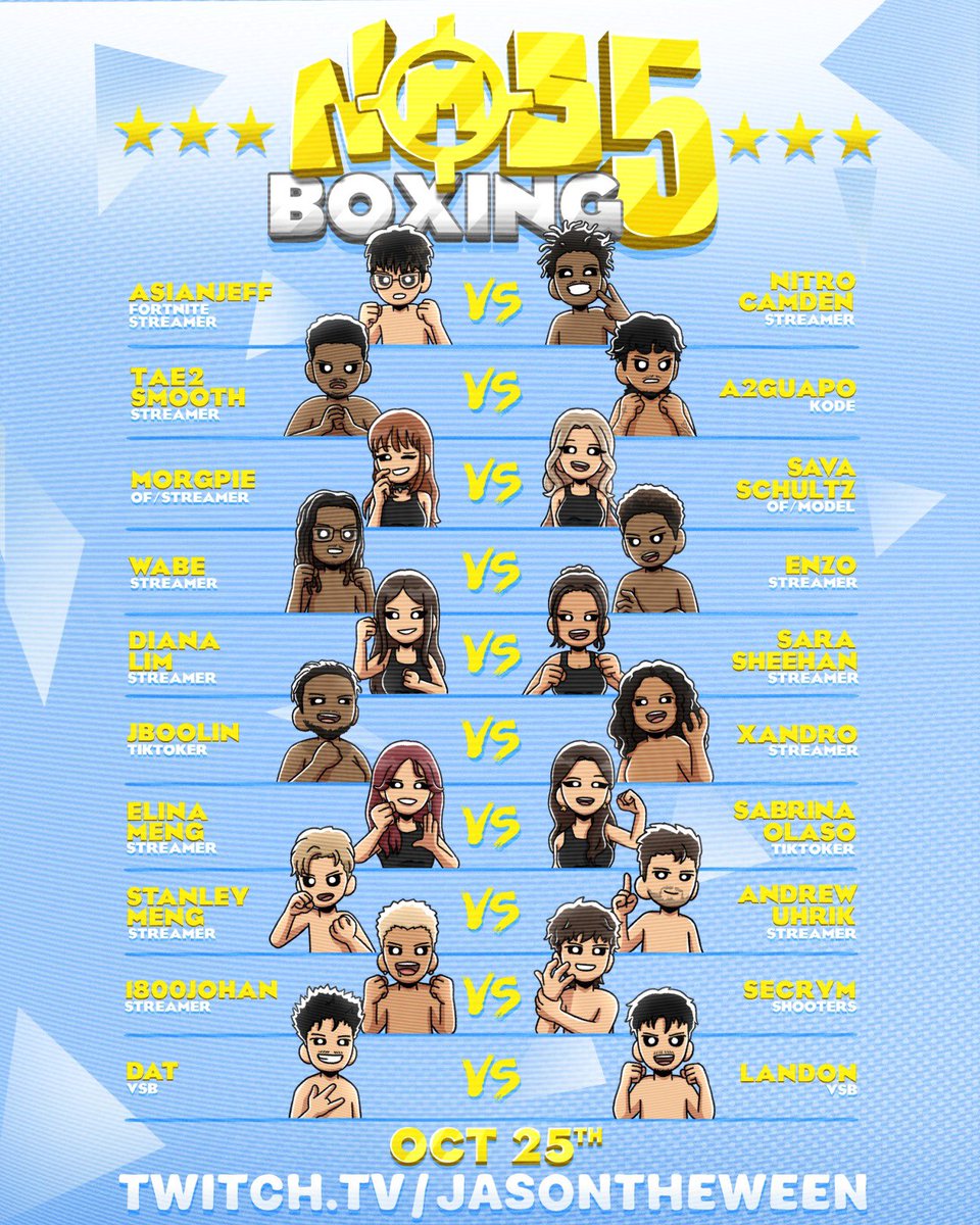 jasontheween's tweet photo. NMS BOXING 5 FIGHT CARD 🥊

PRESS CONFERENCE OCT 24TH | 5PM PST

FIGHT NIGHT OCT 25TH | 5PM PST https://t.co/tg4aXWR0OF