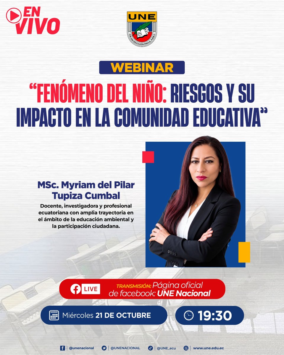 UNENACIONAL's tweet photo. 🔴 #Webinar | ¡El Fenómeno de El Niño también pone en riesgo a la educación!

🌧️ ¿Está preparado el sistema educativo para enfrentar sus impactos? ¿Qué riesgos existen para la infraestructura escolar y la comunidad educativa?

Desde la UNE, te invitamos al webinar “Fenómeno del Niño: riesgos y su impacto en la comunidad educativa”, con la participación de la MSc. Myriam del Pilar Tupiza Cumbal, docente e investigadora especializada en educación ambiental y participación ciudadana.

📅 Miércoles, 21 de octubre
🕢 19:30
📲 Transmisión en vivo por la página de Facebook de UNE Nacional.

¡Informarnos y prepararnos también es defender la educación pública! 🌧️🏫

#UNE #FenómenoDelNiño #EducaciónPública #PrevenciónYGestiónDeRiesgos