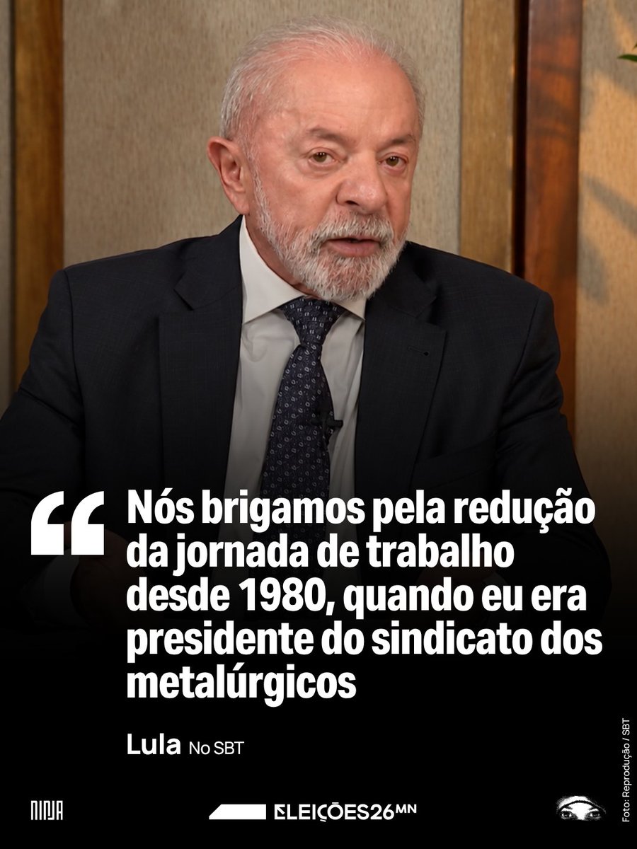 MidiaNINJA's tweet photo. ESSA LUTA NÃO COMEÇOU AGORA.

Lula lembra que defende a redução da jornada de trabalho desde 1980, quando presidia o Sindicato dos Metalúrgicos.

#LulaNoSBT #FlavioAbreOSigilo #ShowDoLulaNoSBT https://t.co/ynKDAGwG5S