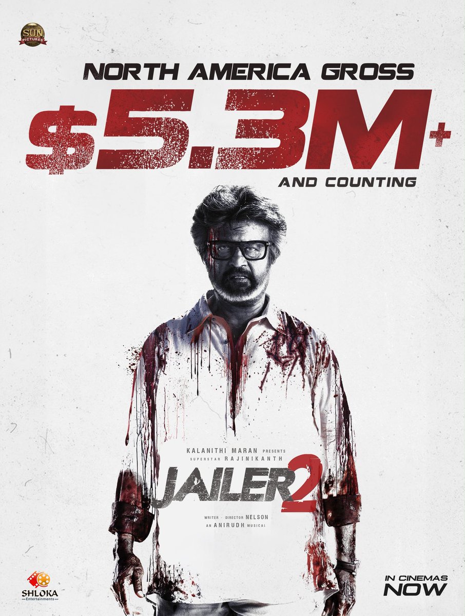 ShlokaEnts's tweet photo. THE RAMPAGE CONTINUES 🔥🔥
 $5.3 MILLION+ North America Gross🙌 
#JAILER2 …Tiger ka HUKUM at the Box Office💥

Distribution by @ShlokaEnts

@rajinikanth @Nelsondilpkumar @anirudhofficial @vidya_balan @iam_SJSuryah #SurajVenjaramoodu @meramyakrishnan @iYogiBabu @mirnaaofficial @Jailer2Film @sunpictures
