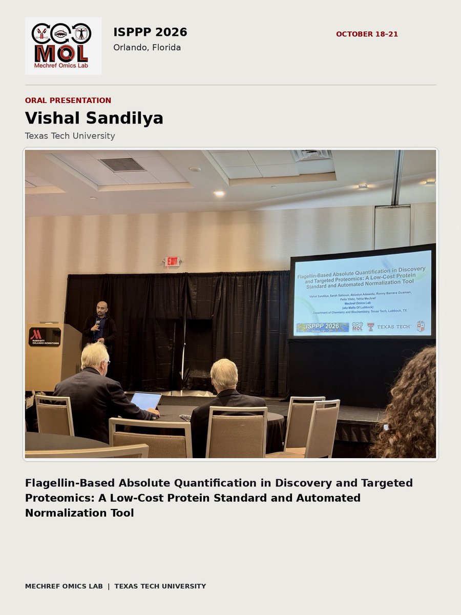 mechrefgroup's tweet photo. We are at Orlando!
Our first oral presentation at the ongoing #ISPPP 2026 took place today at Orlando.
Congratulations to Vishal Sandilya🎉🎉 That was an excellent presentation.
More from ISPPP soon. Stay tuned!
#ISPPP2026 #Orlando
#flagellin #omics #MOL #TexasTech #TTU https://t.co/jhxtJHBOep