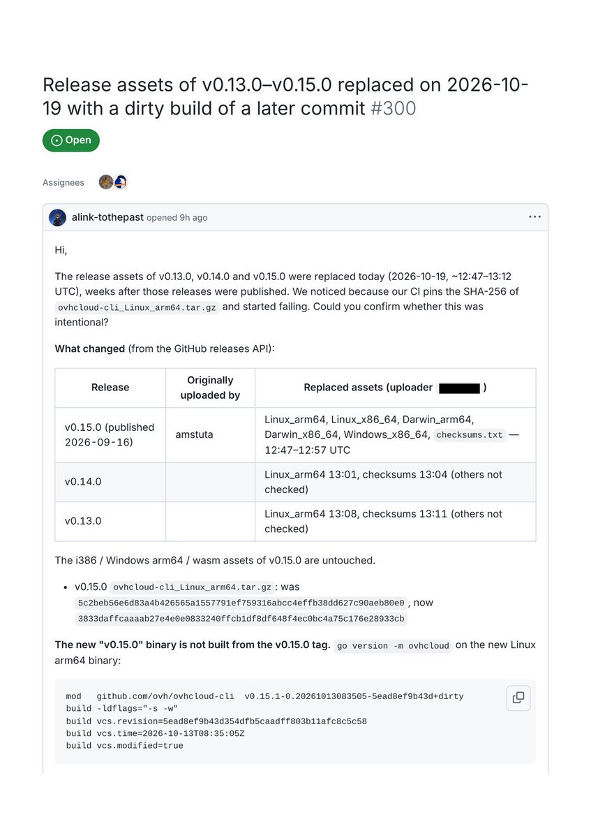 IntCyberDigest's tweet photo. ‼️ BREAKING: OVHcloud's official CLI was hijacked in a supply chain attack.

A hacker used a developer's GitHub account to plant a binary built to grab secrets in versions v0.11.0 to v0.15.0. https://t.co/45VdQCG9MM