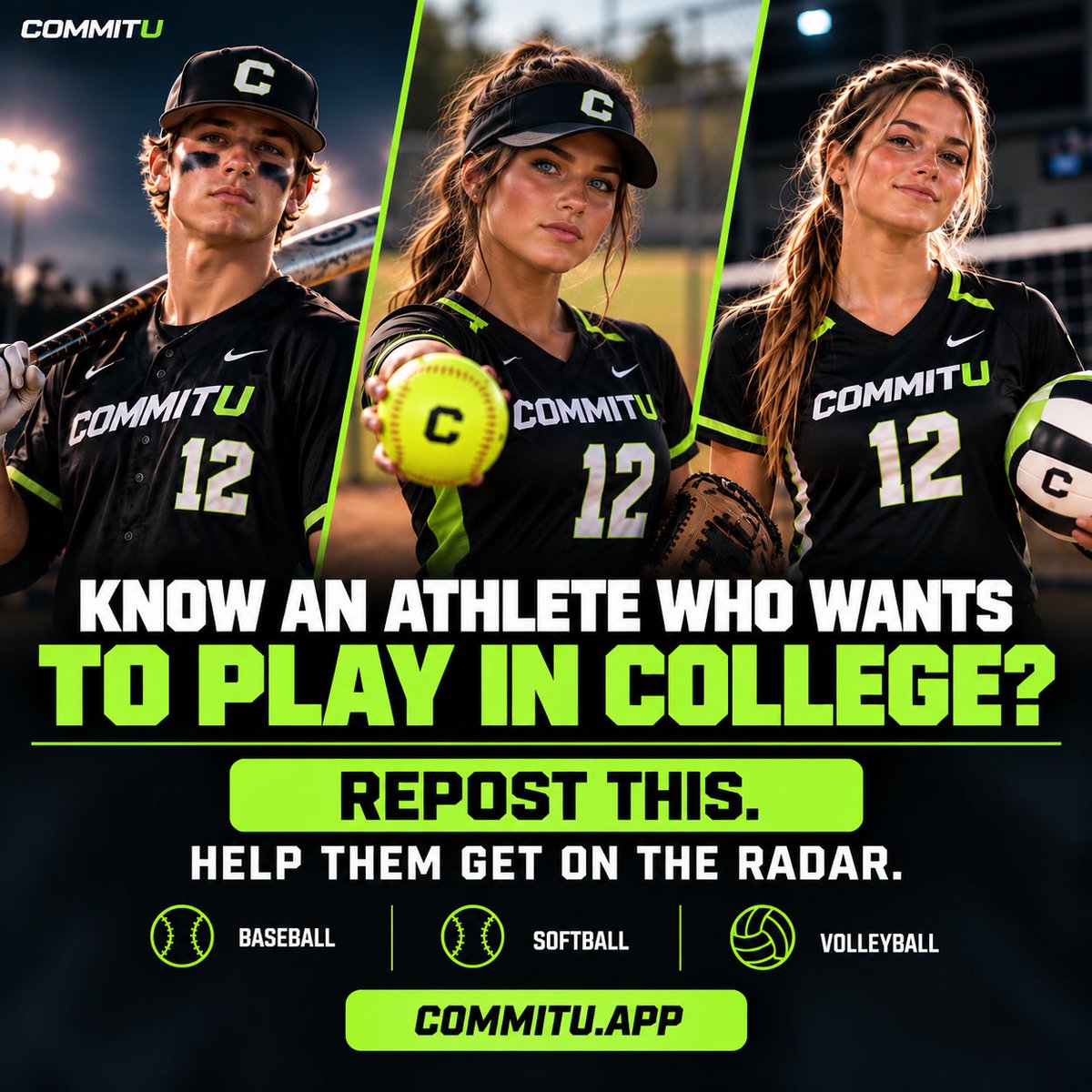 CommitU_Sports's tweet photo. HELP AN ATHLETE GET RECRUITED!

Know a baseball, softball or volleyball player who dreams of playing in college?

Repost this to help them discover CommitU!

https://t.co/JP0DAENP8w

#Baseball #Softball #Volleyball https://t.co/nxJa1X2iYO