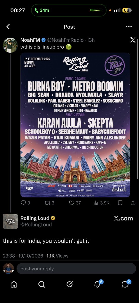 itzbasito's tweet photo. Indians are complaining about Rolling Loud headliners 😭 https://t.co/Sv507jlvid