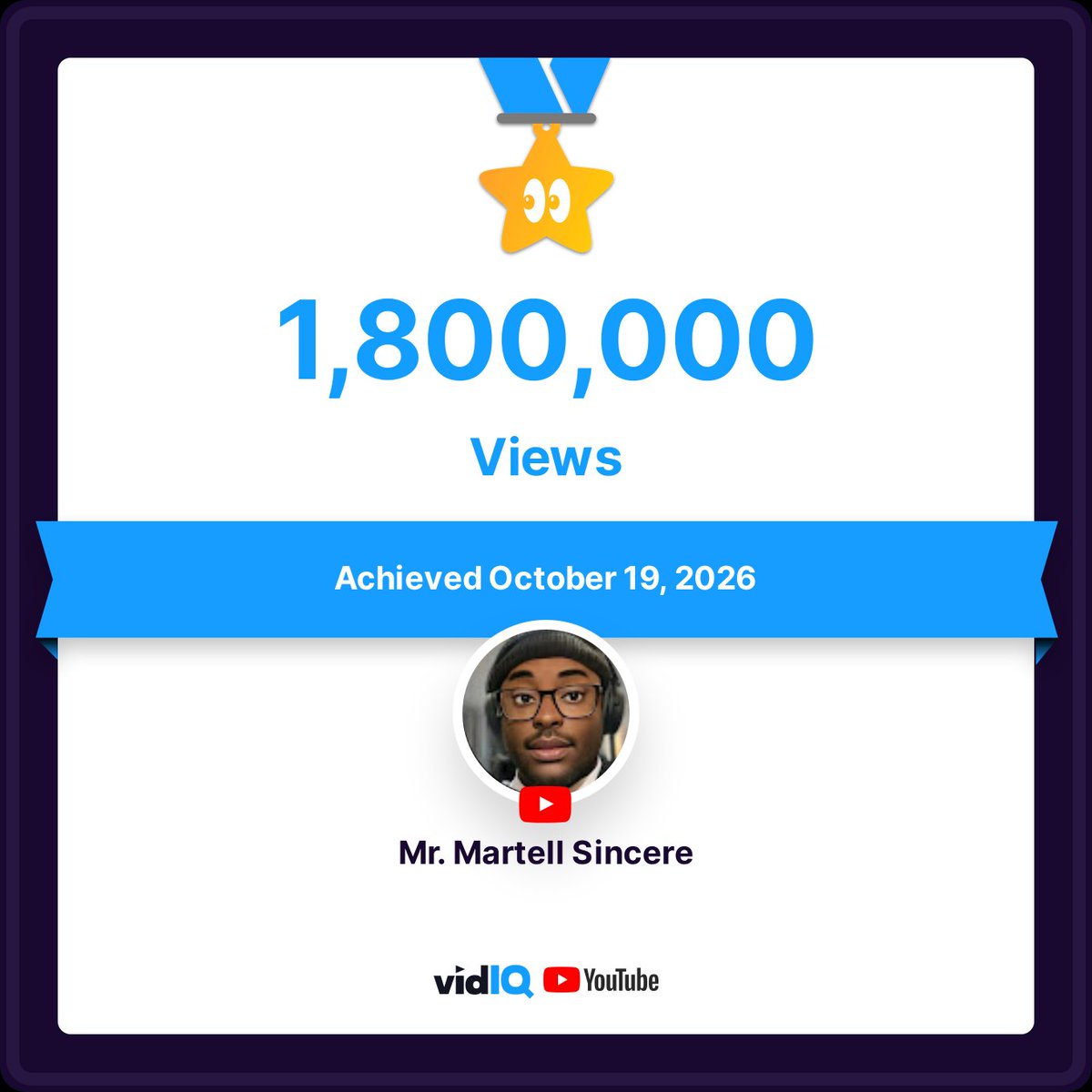 martell_sincere's tweet photo. My @YouTube channel achieved 1,800,000 Views on October 19, 2026! Track your success with @vidIQ #vidiq https://t.co/NImw1nfVOF

#YouTuber
#YouTubeShorts
#YouTubers 

I'm closing to my 2 million views on YouTube 

#17octobre #RespondeOLulaFlavio https://t.co/hGYXfWUq8P