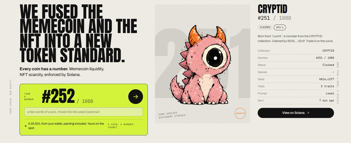 NTS1_standard's tweet photo. 🔥 249 cryptids taken in a day. All free, all numbered, all on their own curve.

From #250, a cryptid costs 0.05 SOL. Rent and painting included, yours on the spot, no claim step.

Half of what the platform earns buys $NTS1 and burns it.

https://t.co/FyRQHh7ECL https://t.co/H0Dy5bXfZq