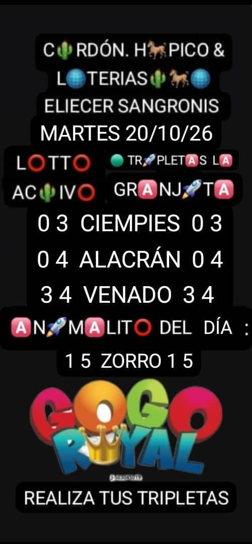 Eliecersangroni's tweet photo. ELIECER SANGRONIS  🌵🐎🌐
#MARTES  20  #OCTUBRE  2026
#GOGOROYAL  @apuestasroyall 
#RULETAROYAL  #Lotto  #Triples 
INGRESA A WWW.  https://t.co/AhobR3Wkwr Y REALIZA TODAS TUS JUGADAS DEPORTIVAS #FUTBOL #MLB #BEISBOL EN 
#GogoRoyal  GANAS Y COBRAS SEGURO #COMPARTE #RT https://t.co/POGzxnYluN