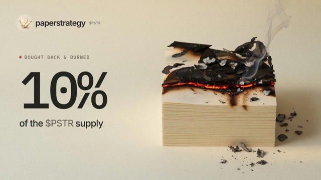 paperstrategy_'s tweet photo. 10% of the $PSTR supply has been burnt.

paperstrategy has bought back and burned over 100M $PSTR for ~$643k

every 30 min ~18 HYPE of $PSTR + 50% of the previous day's staking revenue gets bought and burned. https://t.co/xdsy7cgaIO