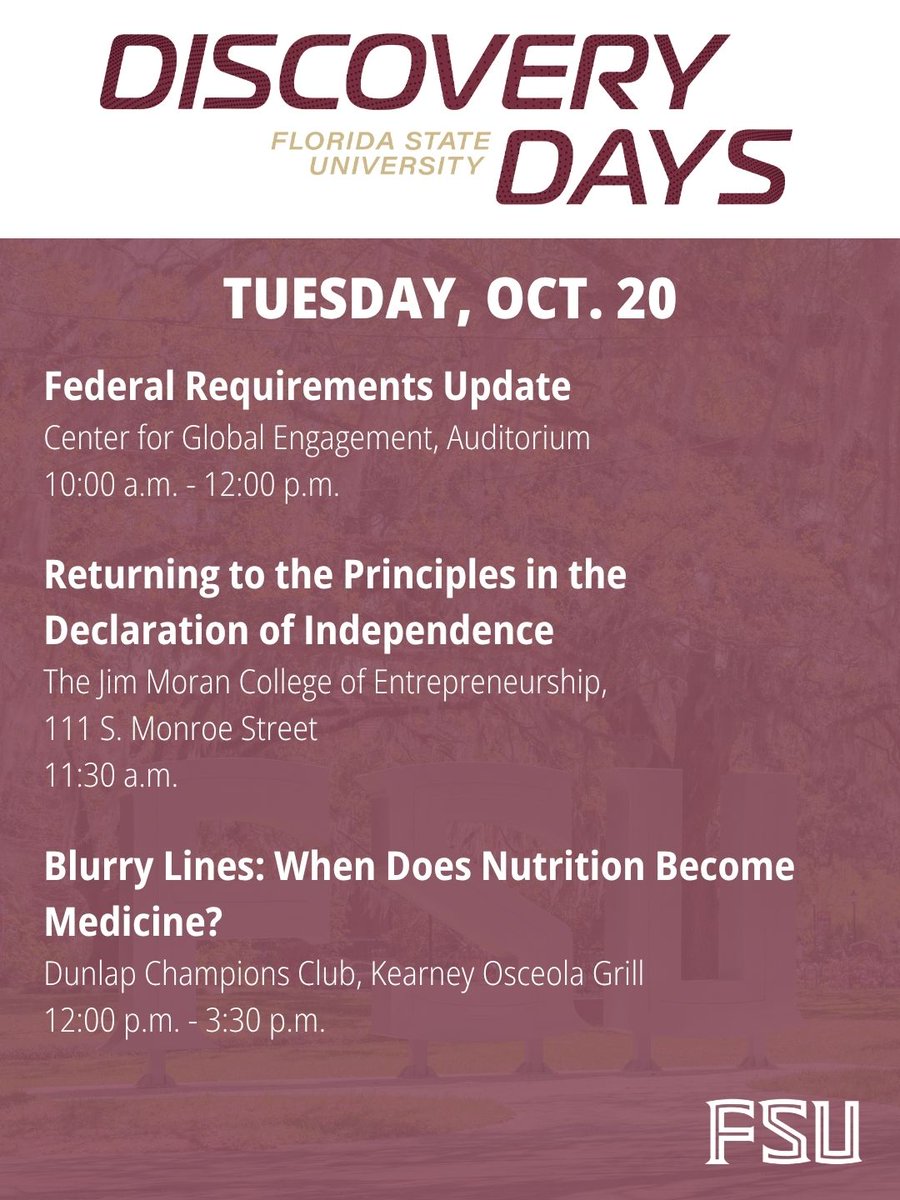 FSUResearch's tweet photo. #FSUDiscoveryDays continues today! Check out the schedule below and visit https://t.co/dzrBHjc2CA to learn more. https://t.co/4zJKIiQa7p