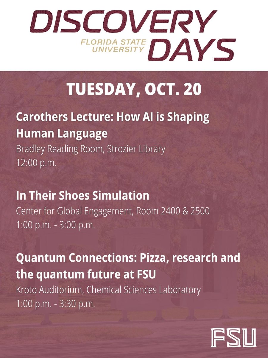 FSUResearch's tweet photo. #FSUDiscoveryDays continues today! Check out the schedule below and visit https://t.co/dzrBHjc2CA to learn more. https://t.co/4zJKIiQa7p