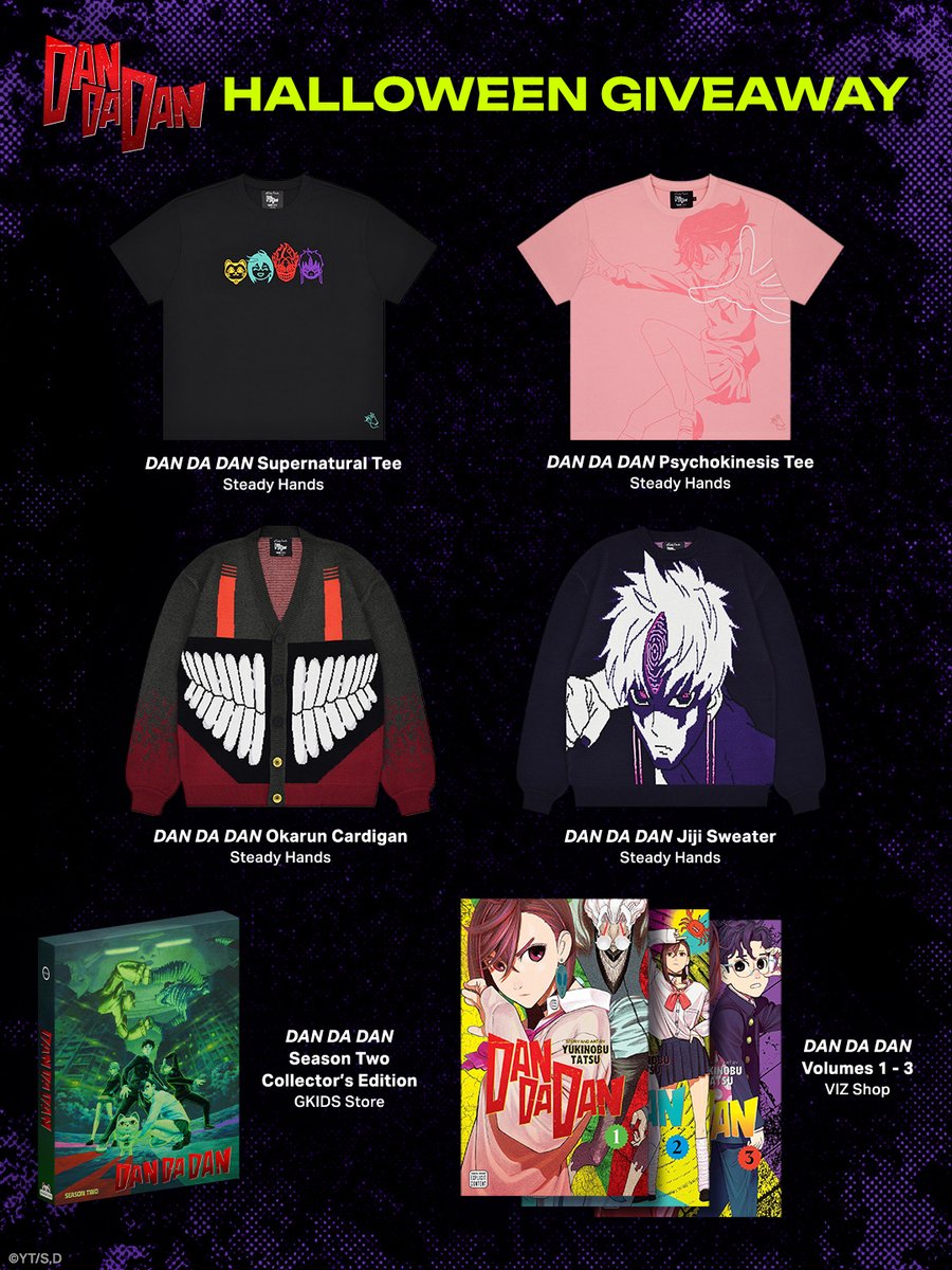 animeDANDADANen's tweet photo. BOO!! A hauntingly hefty giveaway emerges from the shadows. 👻

Creep onto our Instagram account (@/anime_dandadan_en) to enter our giveaway with @HandsSteady, @VIZMedia, and @GKIDSfilms to rep, read, and rewatch DAN DA DAN this Halloween. 🎃

🔗 ENTER AT: https://t.co/EbiOg9cmy2
*US residents only