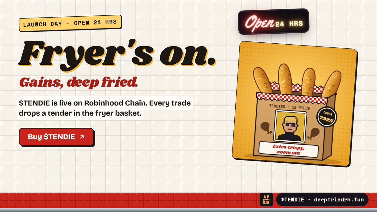 deepfriedrh's tweet photo. fryer's on 🍗

$TENDIE is live on Robinhood Chain

CA: 0x0bae8a04827ba7b77ad7e919f982b62404e8b7d1 https://t.co/btcAsvqyW5