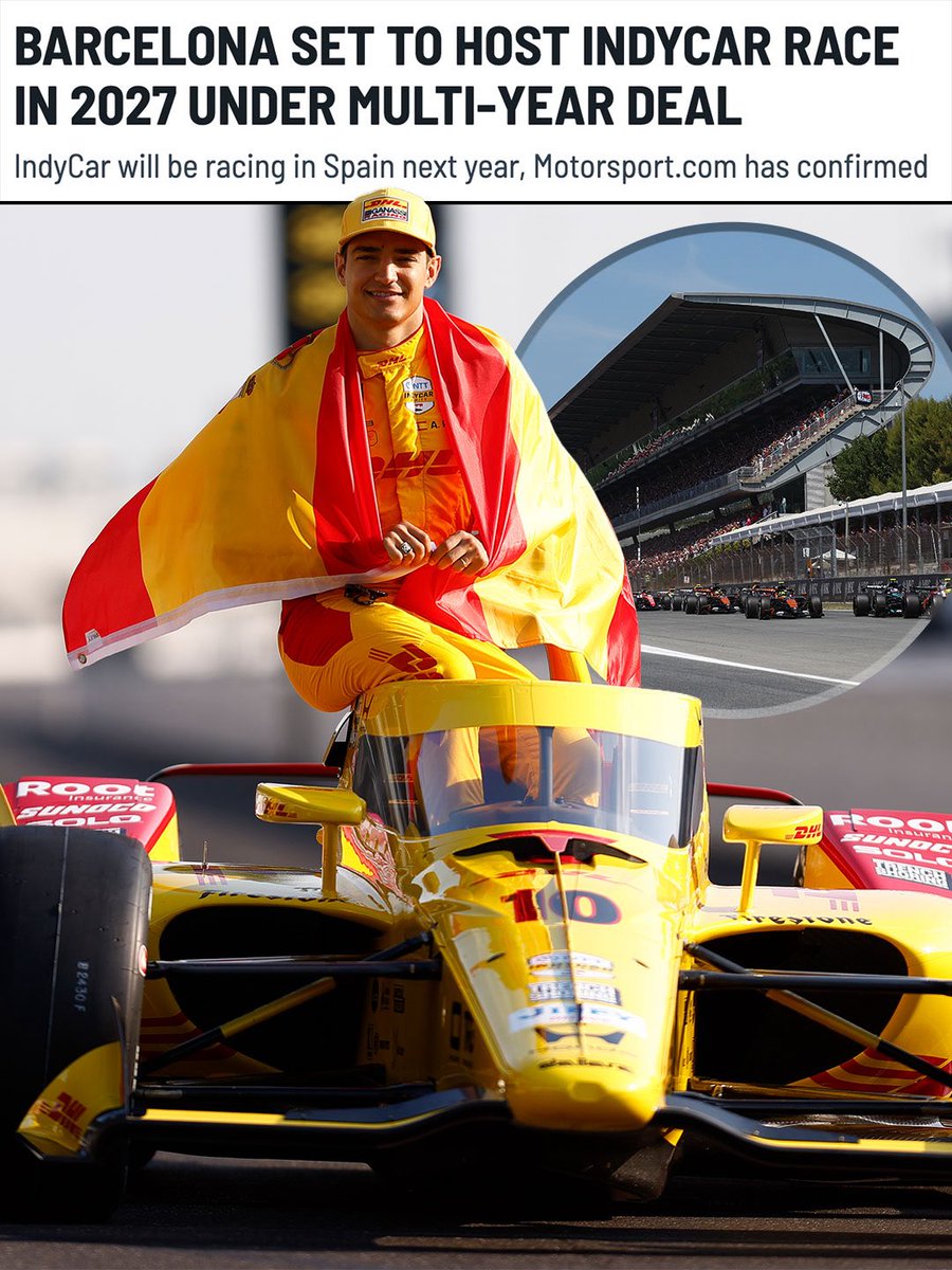 Motorsport's tweet photo. MASSIVE INDYCAR NEWS! 🇪🇸
Motorsport has confirmed the series is set to head to Circuit de Barcelona-Catalunya, offsetting the track's F1 absence next year. It's INDYCAR's first race outside of North America since 2013. https://t.co/R1F6L5XQvr